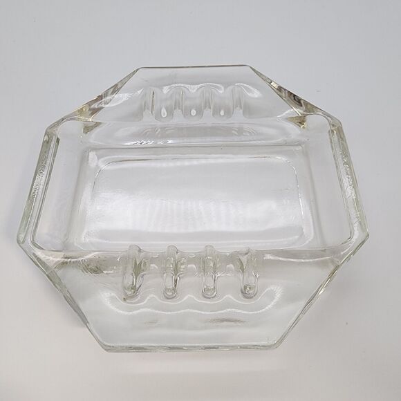 Vintage Safex Hexagon Ashtray Clear Glass Slotted Smooth MCM Americana Retro 5x5 - Picture 1 of 13